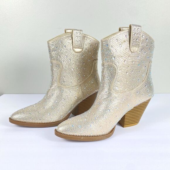 Forever Shoes - Womens Rhinestone Cowboy Boots Lt Gold Ankle Boot sz 7.5 Western Cowboy Carter